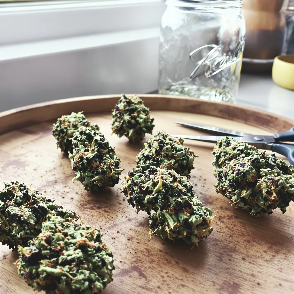 Purple OG Kush 75% indica / 25% sativa — fleur avec trichomes visibles