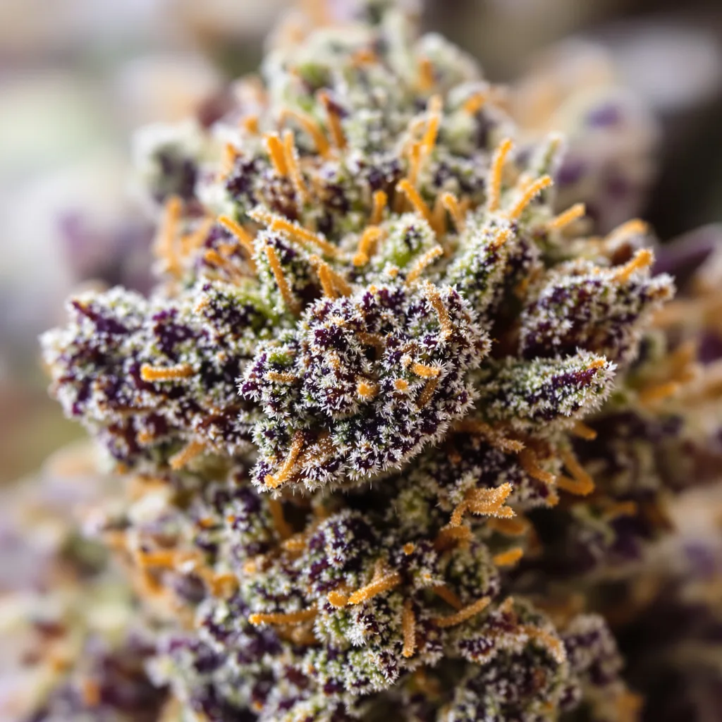 Gros plan de fleur de cannabis Purple OG Kush montrant calices denses aux reflets violets