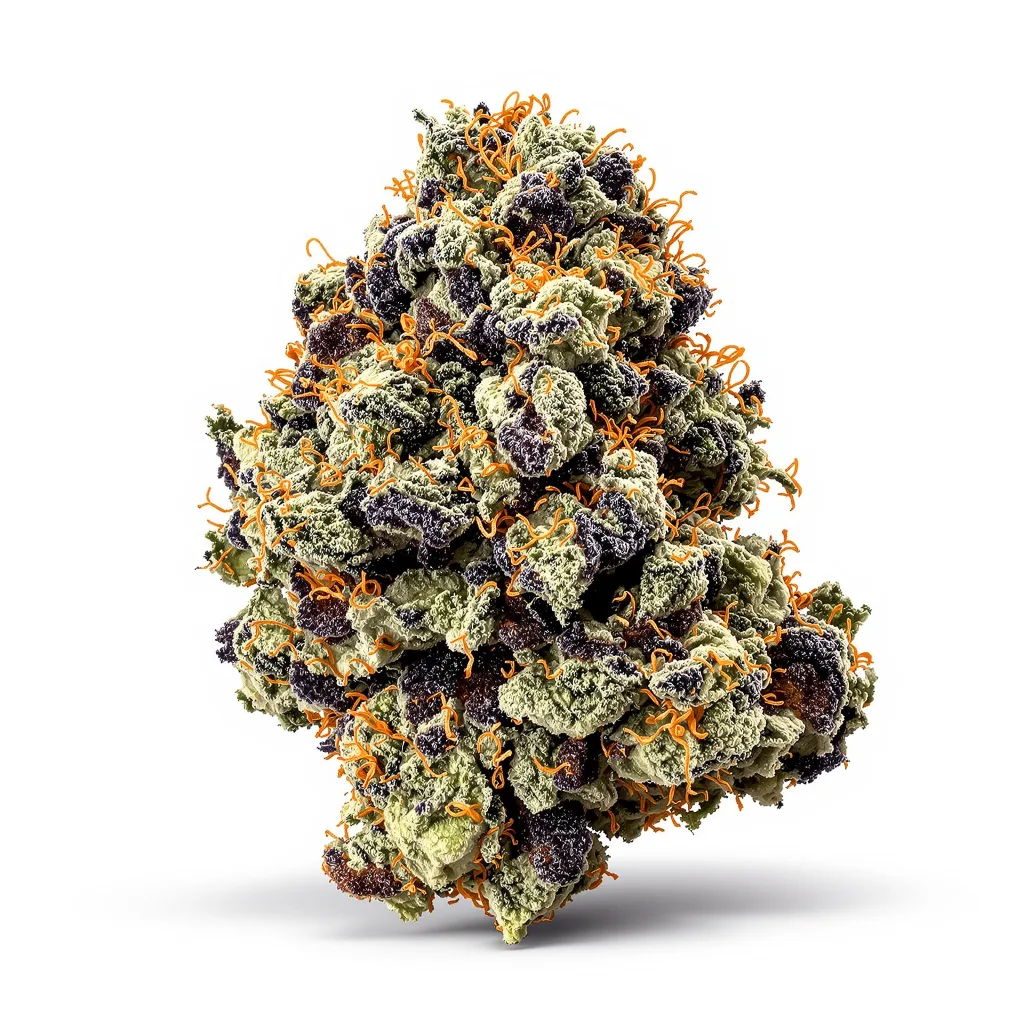 Purple OG Kush 75% indica / 25% sativa — fleur avec trichomes visibles