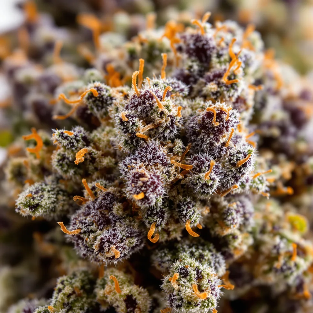 Gros plan de fleur de cannabis Purple Passion montrant calices denses aux reflets violets