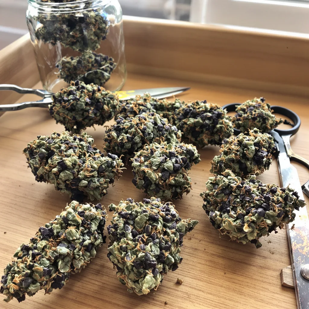 Purple People Eater 65% indica / 35% sativa — fleur avec trichomes visibles