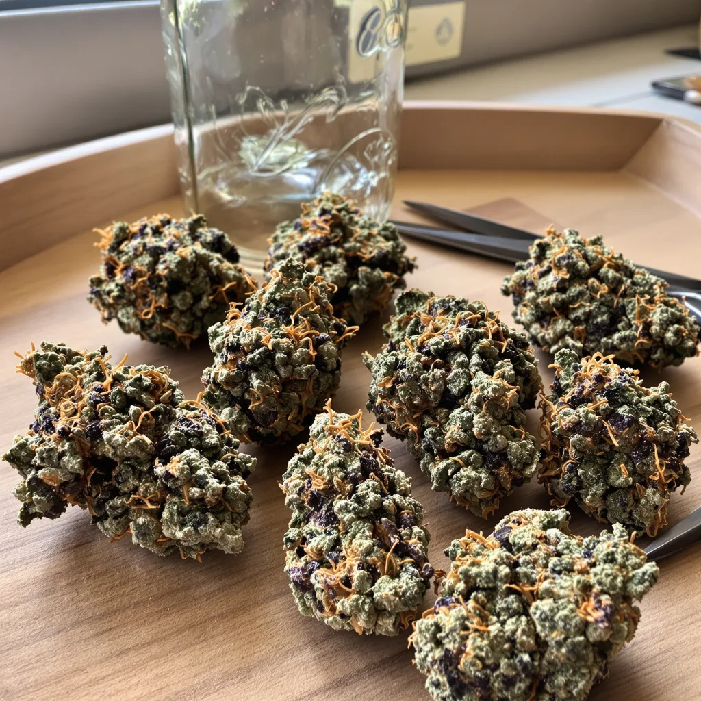 Purple Punch 70% indica / 30% sativa — fleur avec trichomes visibles