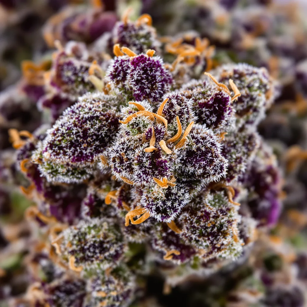 Gros plan de fleur de cannabis Purple Punch montrant calices denses aux reflets violets