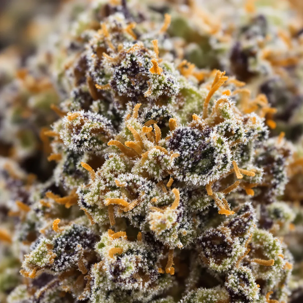 Gros plan de fleur de cannabis Purple Punch montrant calices denses aux reflets violets