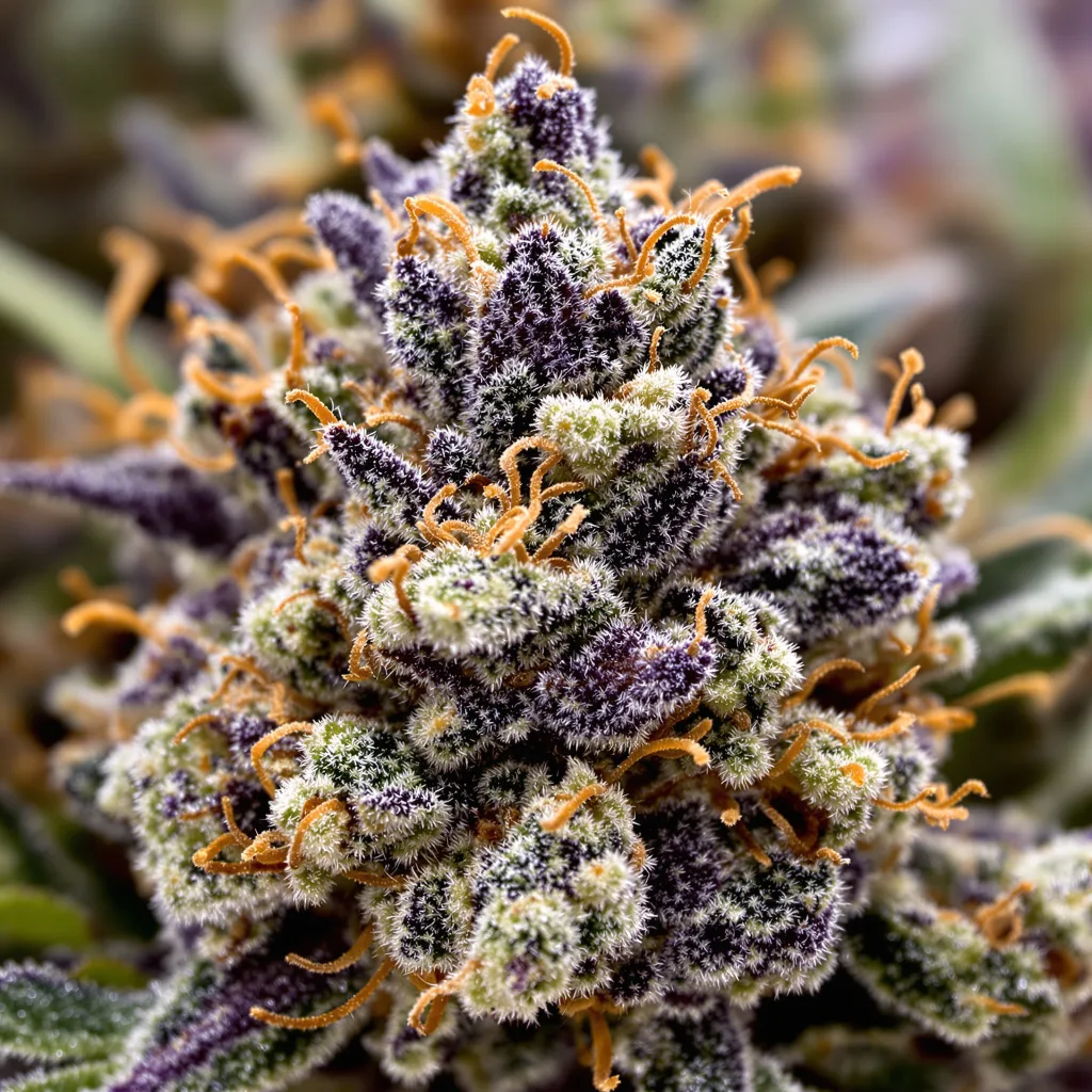 Gros plan de fleur de cannabis Purple Sage montrant calices denses aux reflets violets