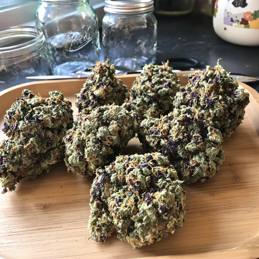 Purple Sage 86% indica / 14% sativa — fleur avec trichomes visibles