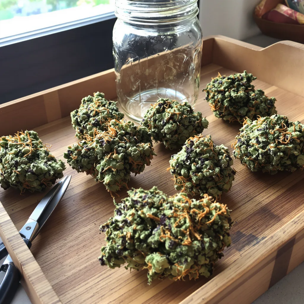 Purple Skunk 54% indica / 46% sativa — fleur avec trichomes visibles