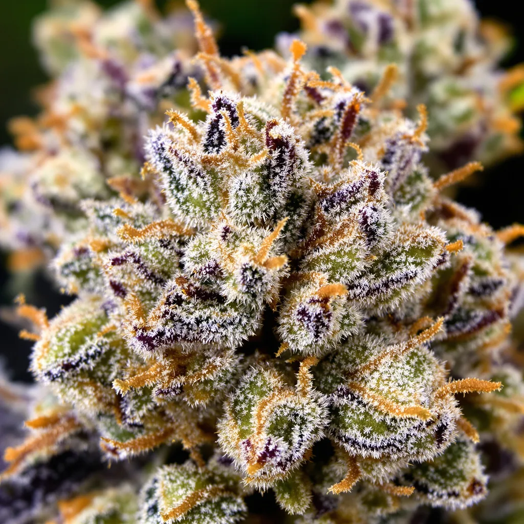 Gros plan de fleur de cannabis Purple Skunk montrant structure équilibrée avec trichomes givrés
