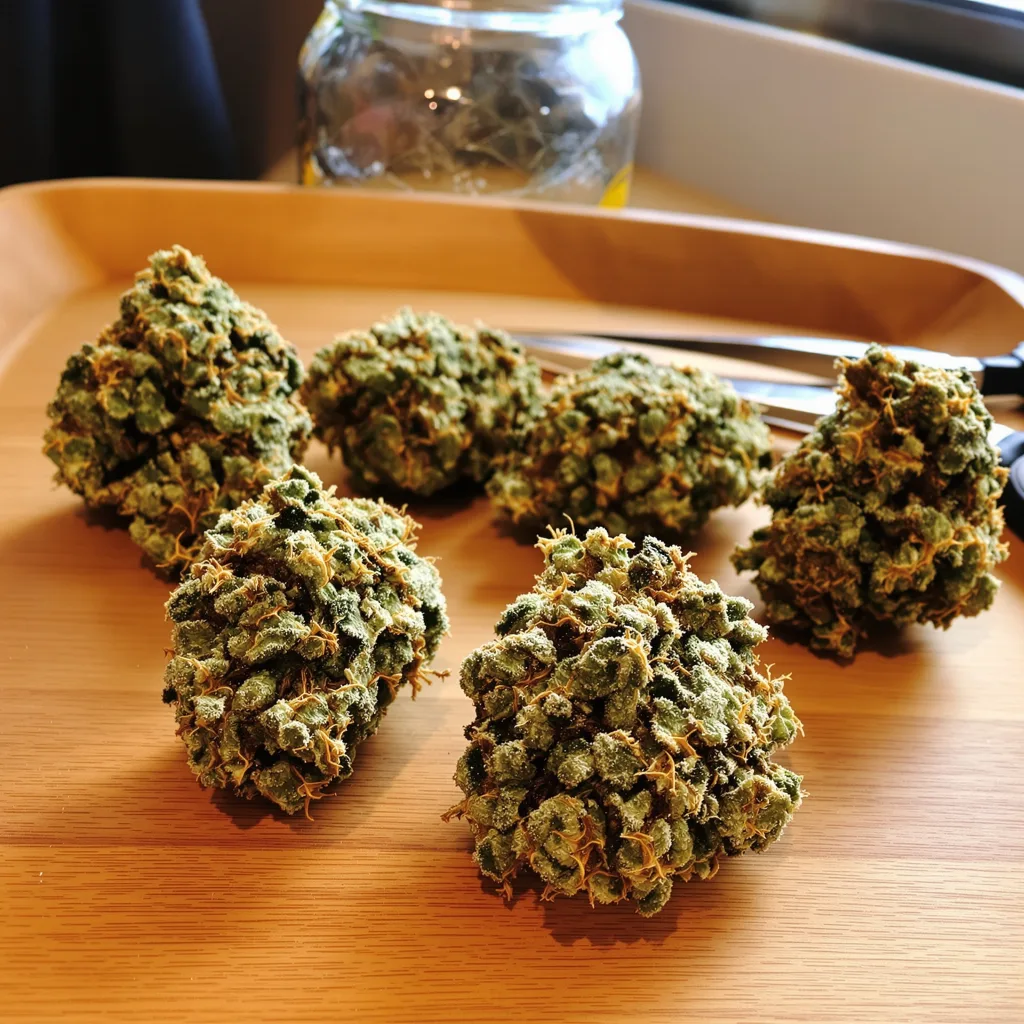 Purple Skunk 54% indica / 46% sativa — fleur avec trichomes visibles