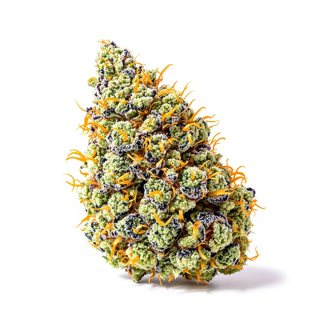 Purple Skunk 54% indica / 46% sativa — fleur avec trichomes visibles
