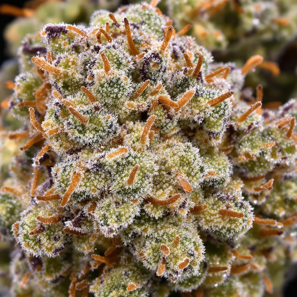 Gros plan de fleur de cannabis Purple Sour Diesel montrant structure ouverte avec pistils orangés