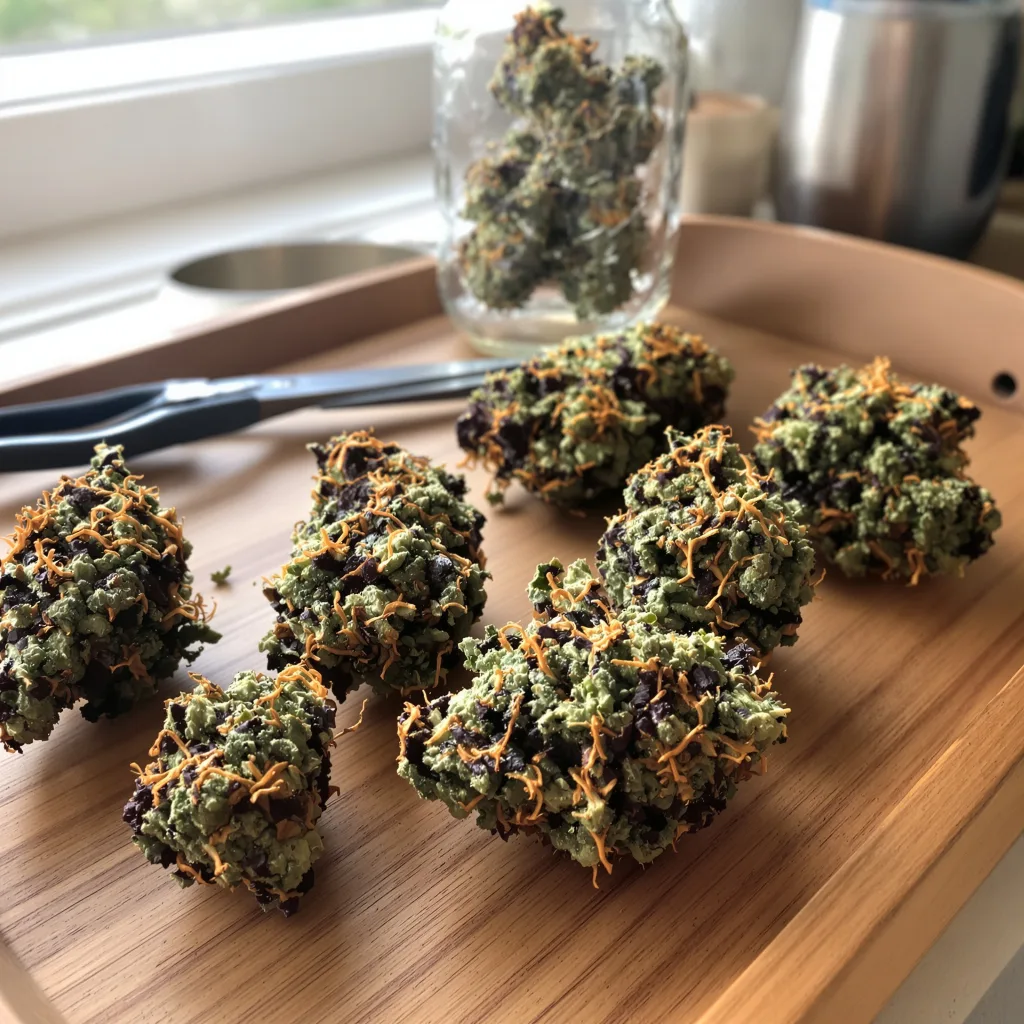 Purple Star 68% indica / 32% sativa — fleur avec trichomes visibles