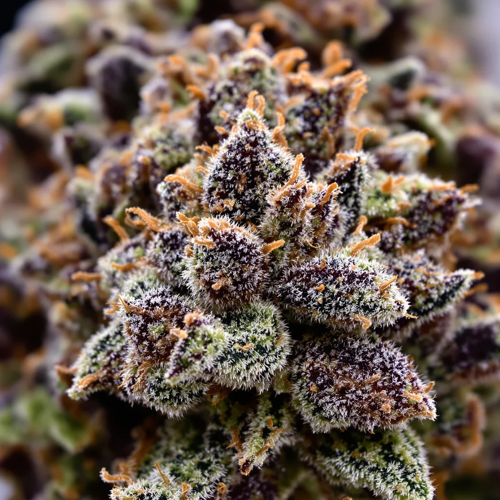 Gros plan de fleur de cannabis Purple Star montrant calices denses aux reflets violets