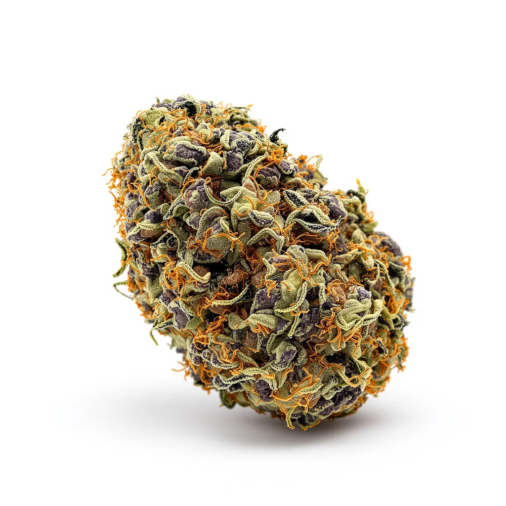 Purple Star 68% indica / 32% sativa — fleur avec trichomes visibles