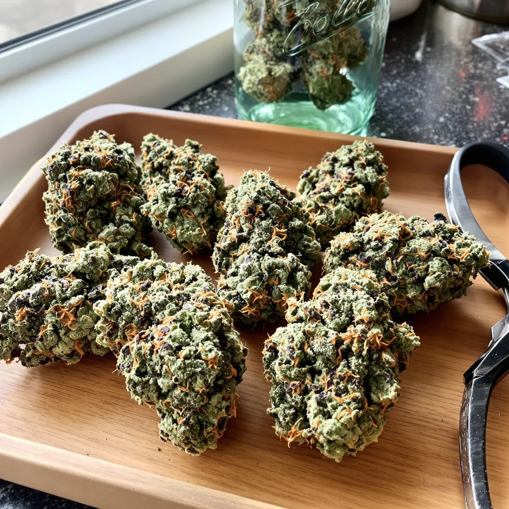 Purple Trainwreck 50% indica / 50% sativa — fleur avec trichomes visibles