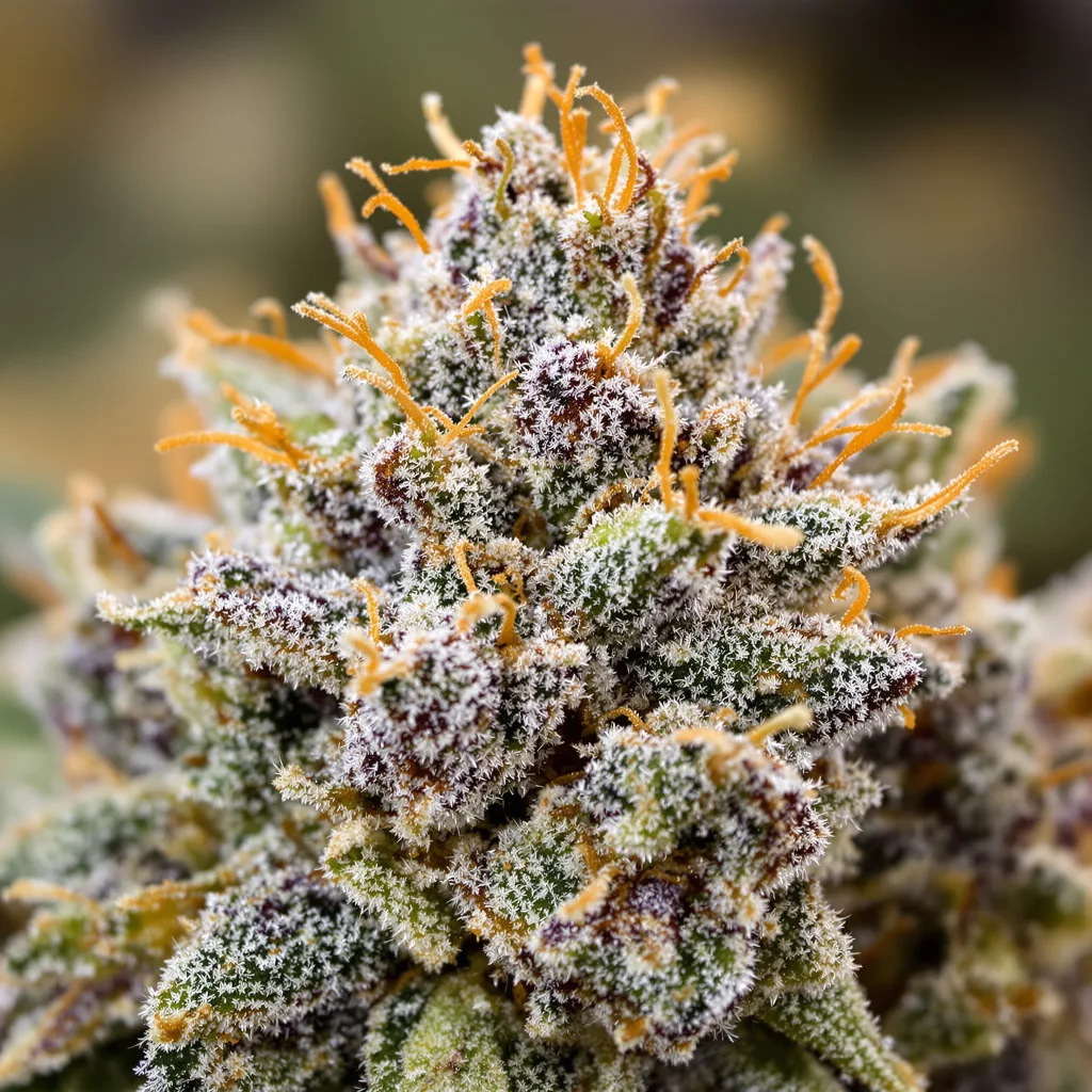 Gros plan de fleur de cannabis Purple Trainwreck montrant structure équilibrée avec trichomes givrés