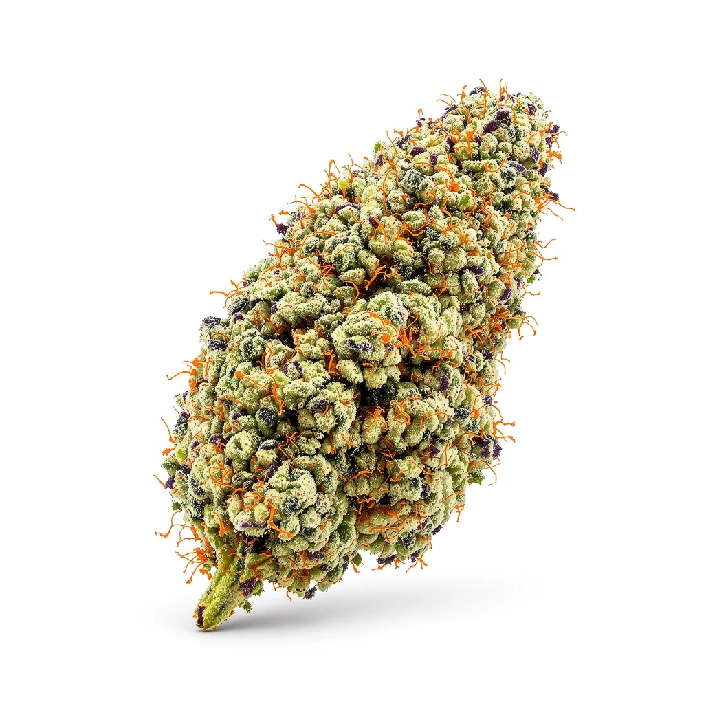 Purple Trainwreck 50% indica / 50% sativa — fleur avec trichomes visibles