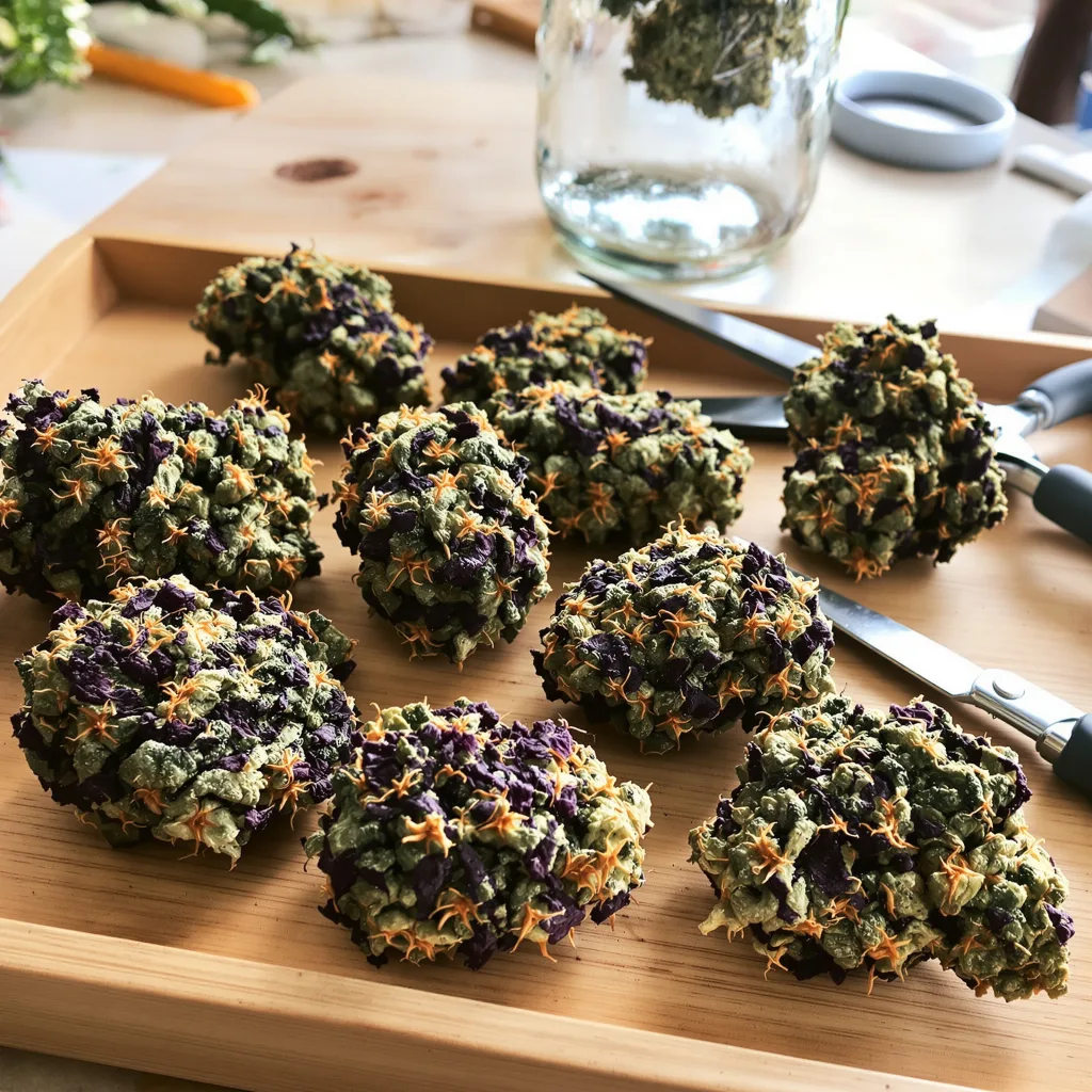 Purple Urkle 74% indica / 26% sativa — fleur avec trichomes visibles