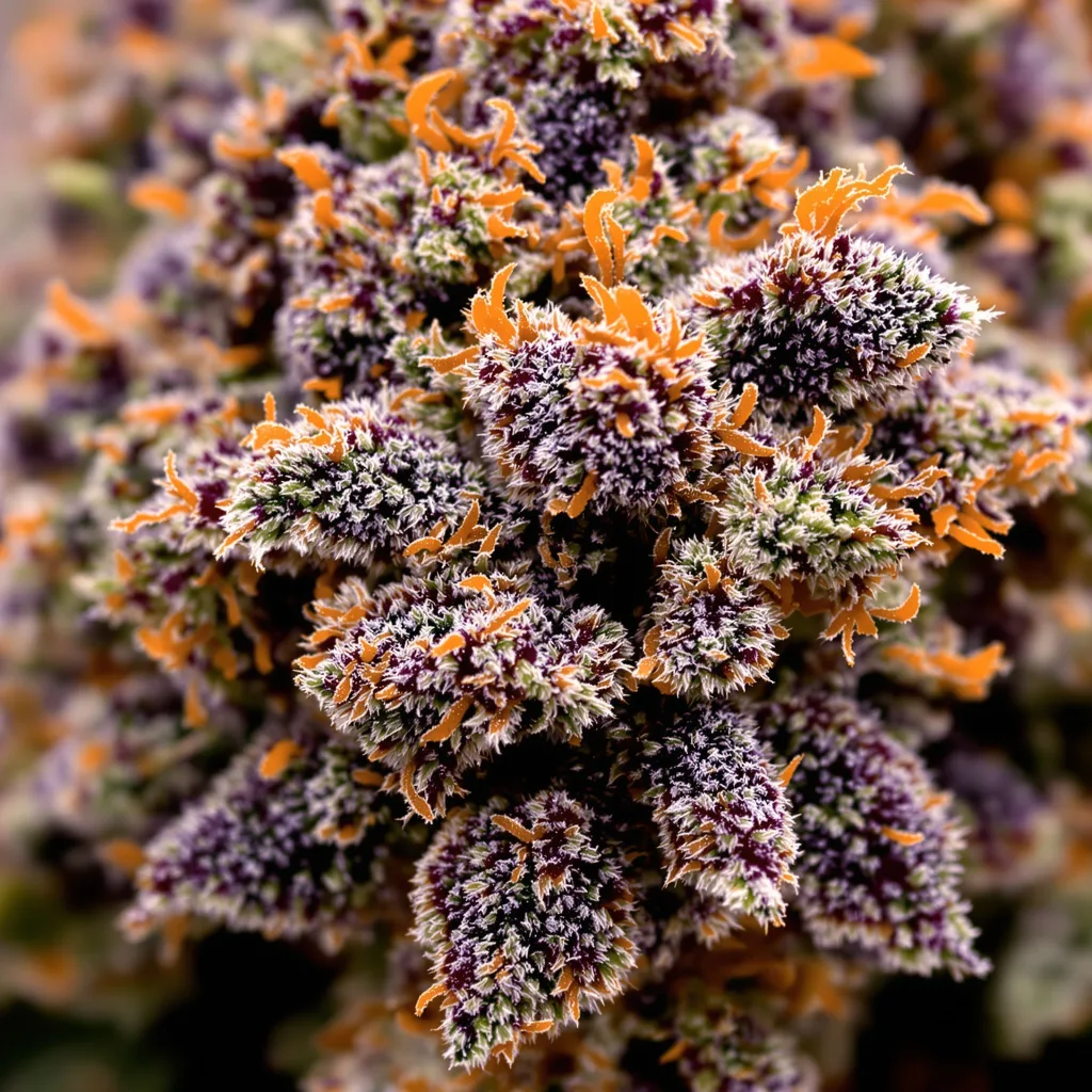 Gros plan de fleur de cannabis Purple Urkle montrant calices denses aux reflets violets