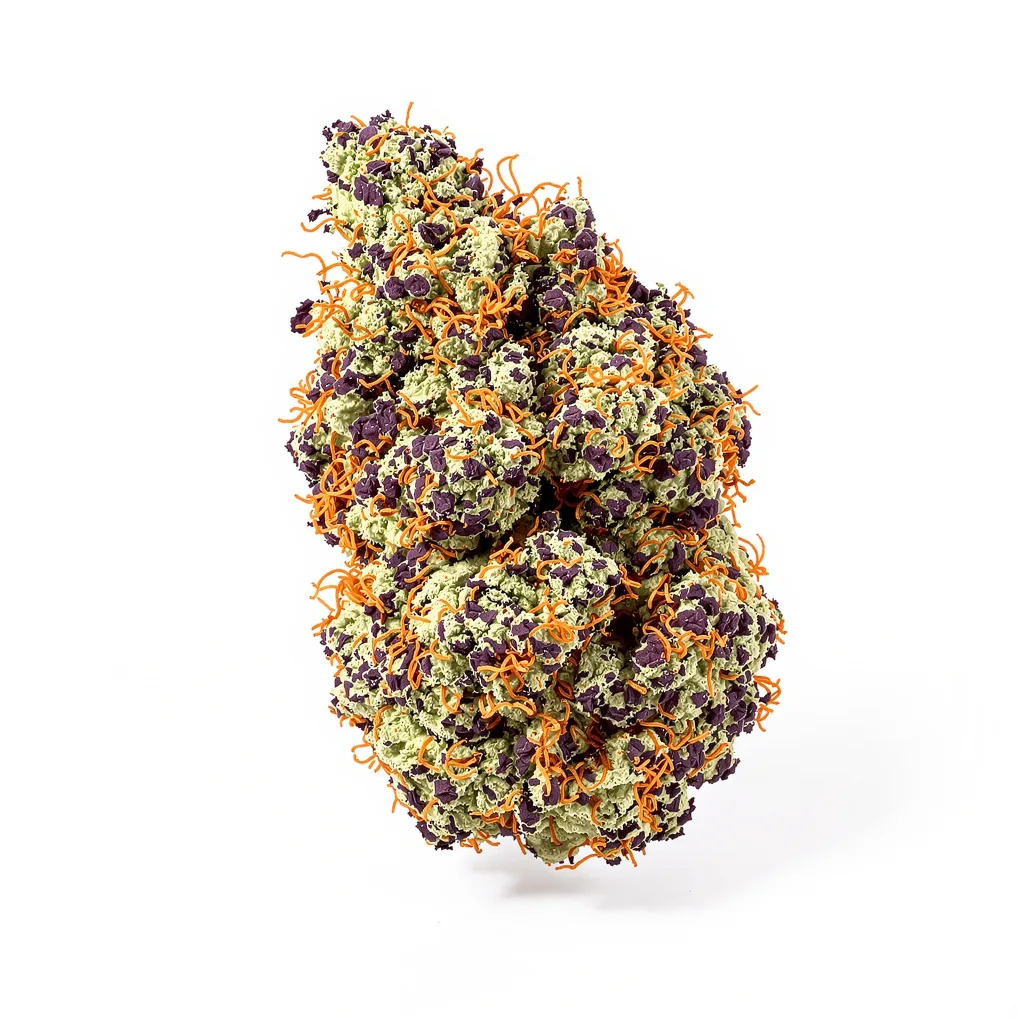 Purple Urkle 74% indica / 26% sativa — fleur avec trichomes visibles