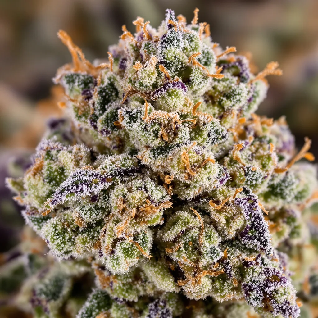 Gros plan de fleur de cannabis Purple Voodoo montrant structure équilibrée avec trichomes givrés