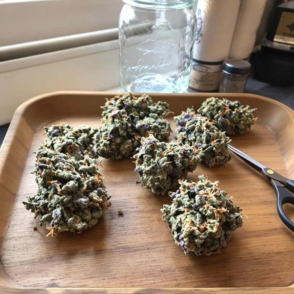 Purple Voodoo 54% indica / 46% sativa — fleur avec trichomes visibles