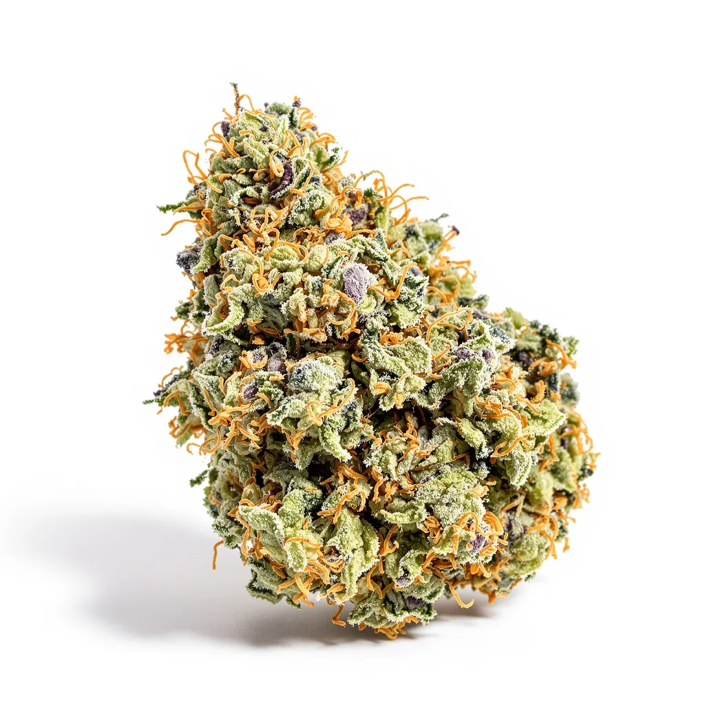 Purple Voodoo 54% indica / 46% sativa — fleur avec trichomes visibles
