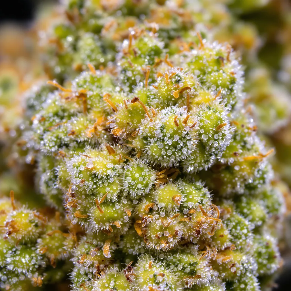 Gros plan de fleur de cannabis Purple Wreck montrant structure aérée vert lime