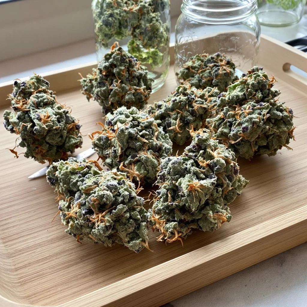 Qrazy Train 50% indica / 50% sativa — fleur avec trichomes visibles