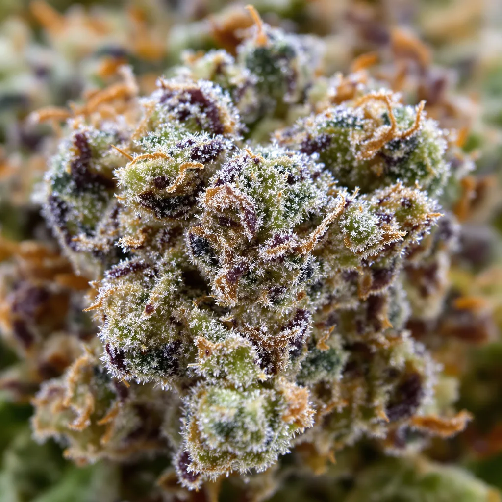 Gros plan de fleur de cannabis Qrazy Train montrant structure équilibrée avec trichomes givrés