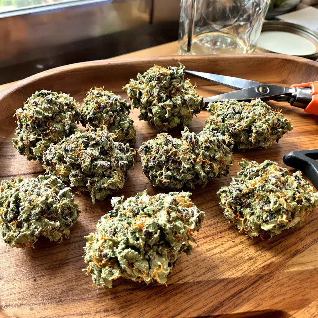 Qrazy Train 50% indica / 50% sativa — fleur avec trichomes visibles