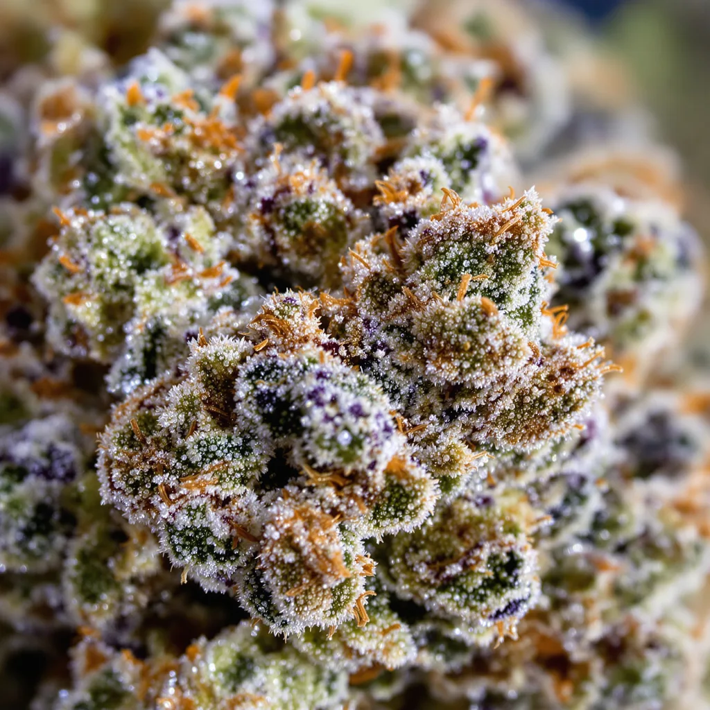 Gros plan de fleur de cannabis Qrazy Train montrant structure équilibrée avec trichomes givrés