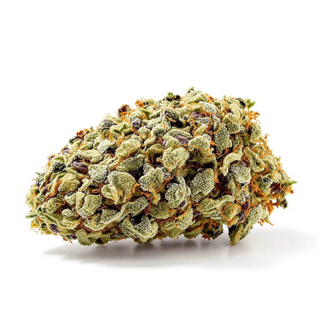 Qrazy Train 50% indica / 50% sativa — fleur avec trichomes visibles