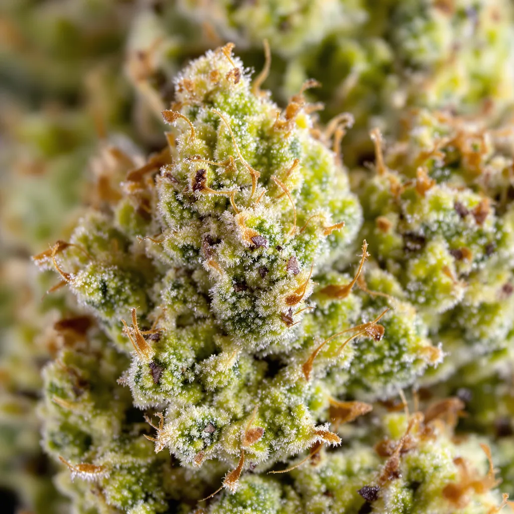 Gros plan de fleur de cannabis Quantum Kush montrant structure aérée vert lime