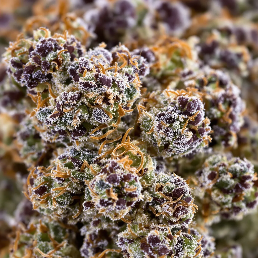 Gros plan de fleur de cannabis Querkle montrant calices denses aux reflets violets