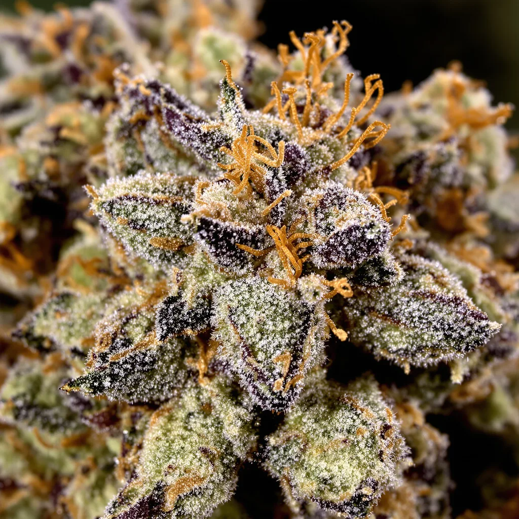 Gros plan de fleur de cannabis Queso montrant calices denses aux reflets violets