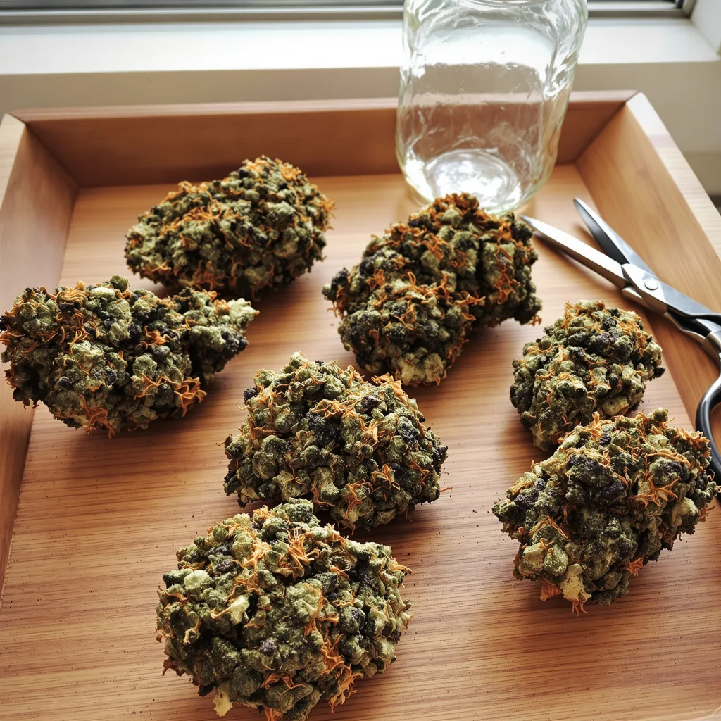 Quin-N-Tonic 77% indica / 23% sativa — fleur avec trichomes visibles
