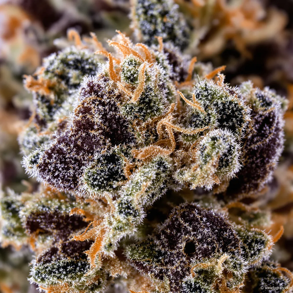 Gros plan de fleur de cannabis Quin-N-Tonic montrant calices denses aux reflets violets