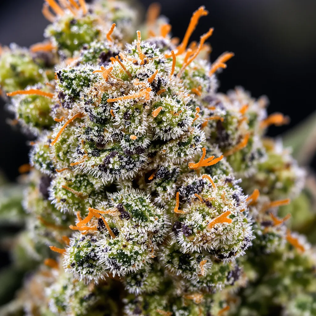Gros plan de fleur de cannabis Race Fuel OG montrant structure équilibrée avec trichomes givrés