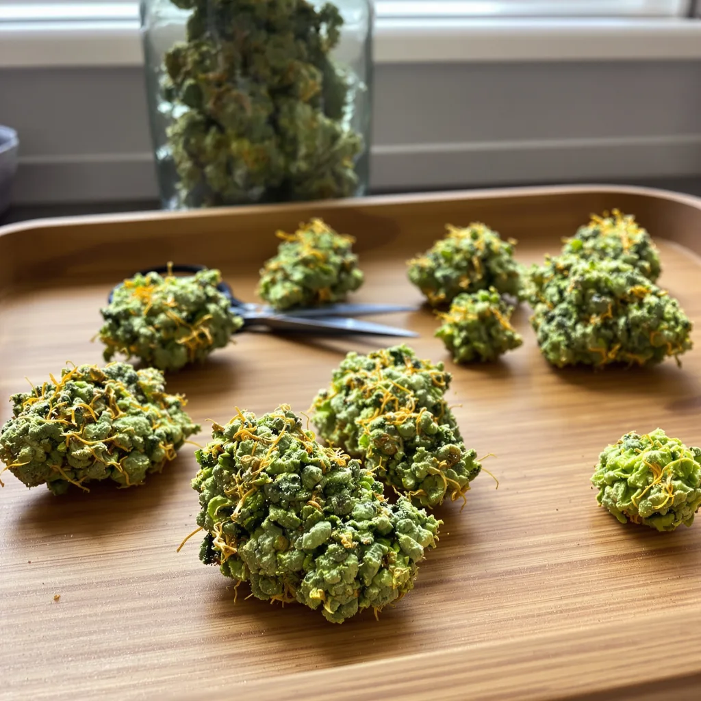 Rainbow 30% indica / 70% sativa — fleur avec trichomes visibles