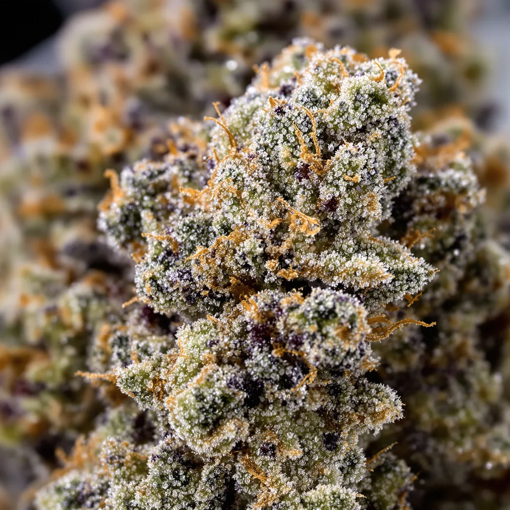 Gros plan de fleur de cannabis Rainbow Glue montrant calices denses aux reflets violets