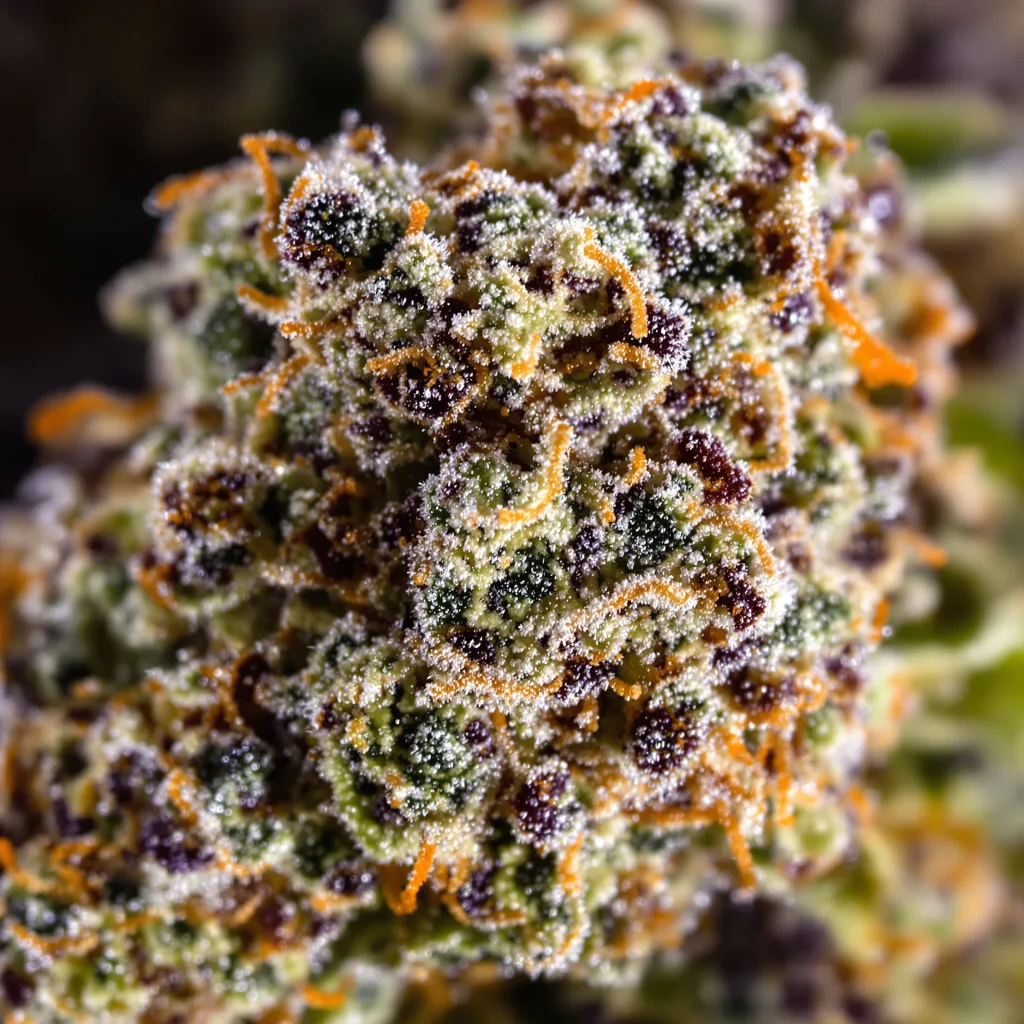 Gros plan de fleur de cannabis Rainbow Jones montrant calices denses aux reflets violets