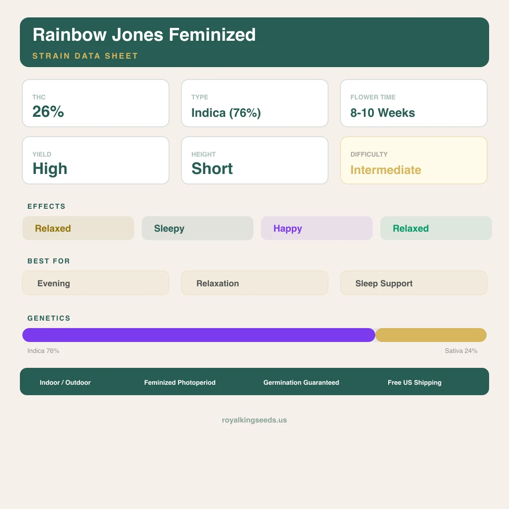 Rainbow Jones 76% indica / 24% sativa — fleur avec trichomes visibles