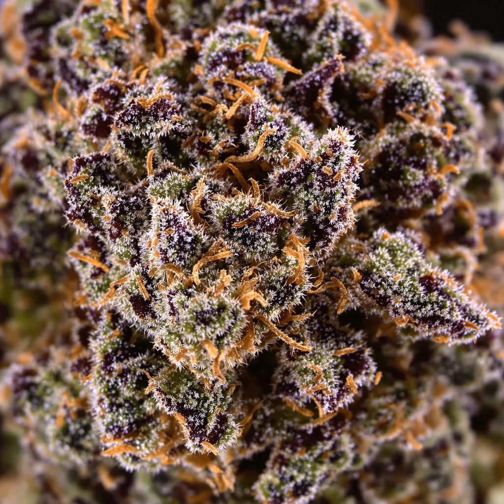 Gros plan de fleur de cannabis Rainbow Jones montrant calices denses aux reflets violets
