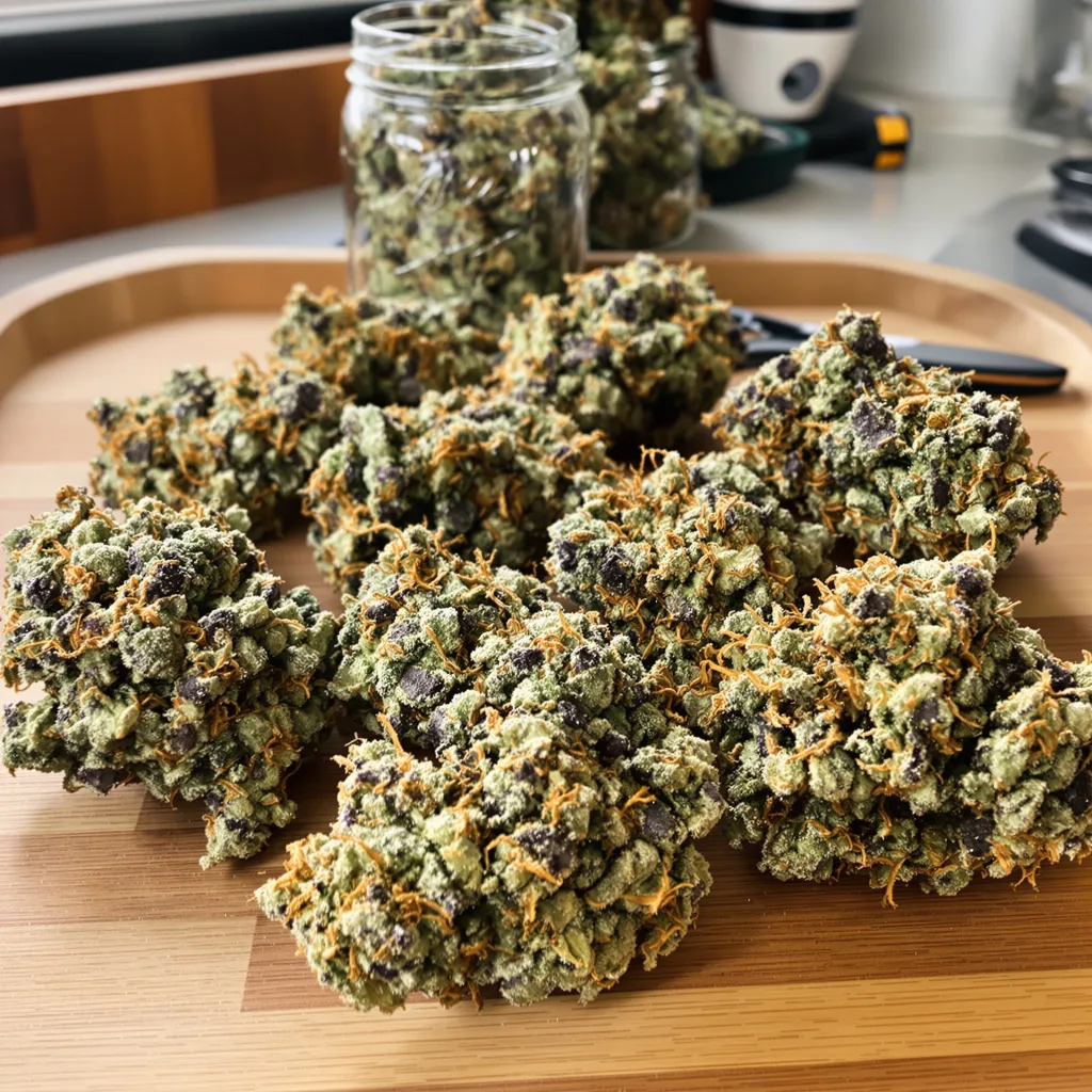 Rainbow Kush 50% indica / 50% sativa — fleur avec trichomes visibles