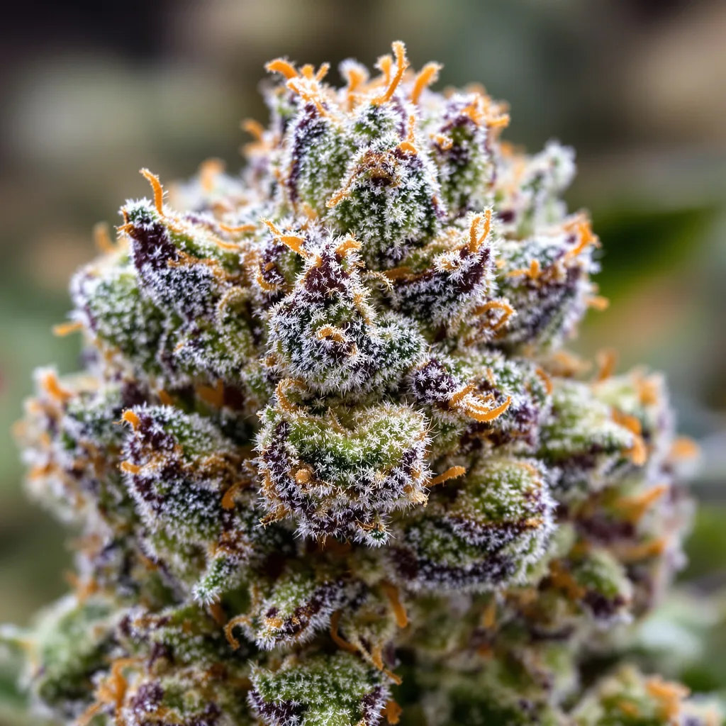 Gros plan de fleur de cannabis Rainbow Kush montrant structure équilibrée avec trichomes givrés