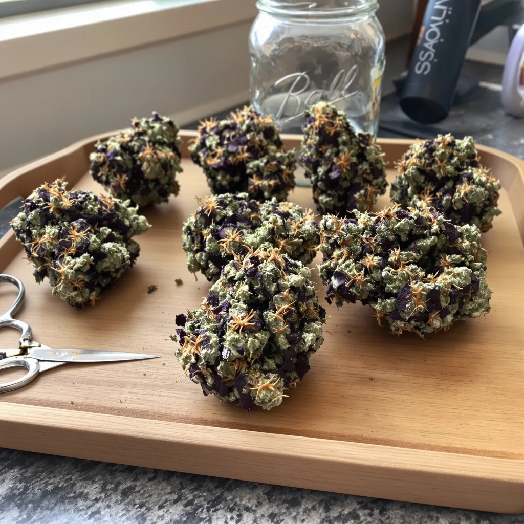 Raisinberry 87% indica / 13% sativa — fleur avec trichomes visibles
