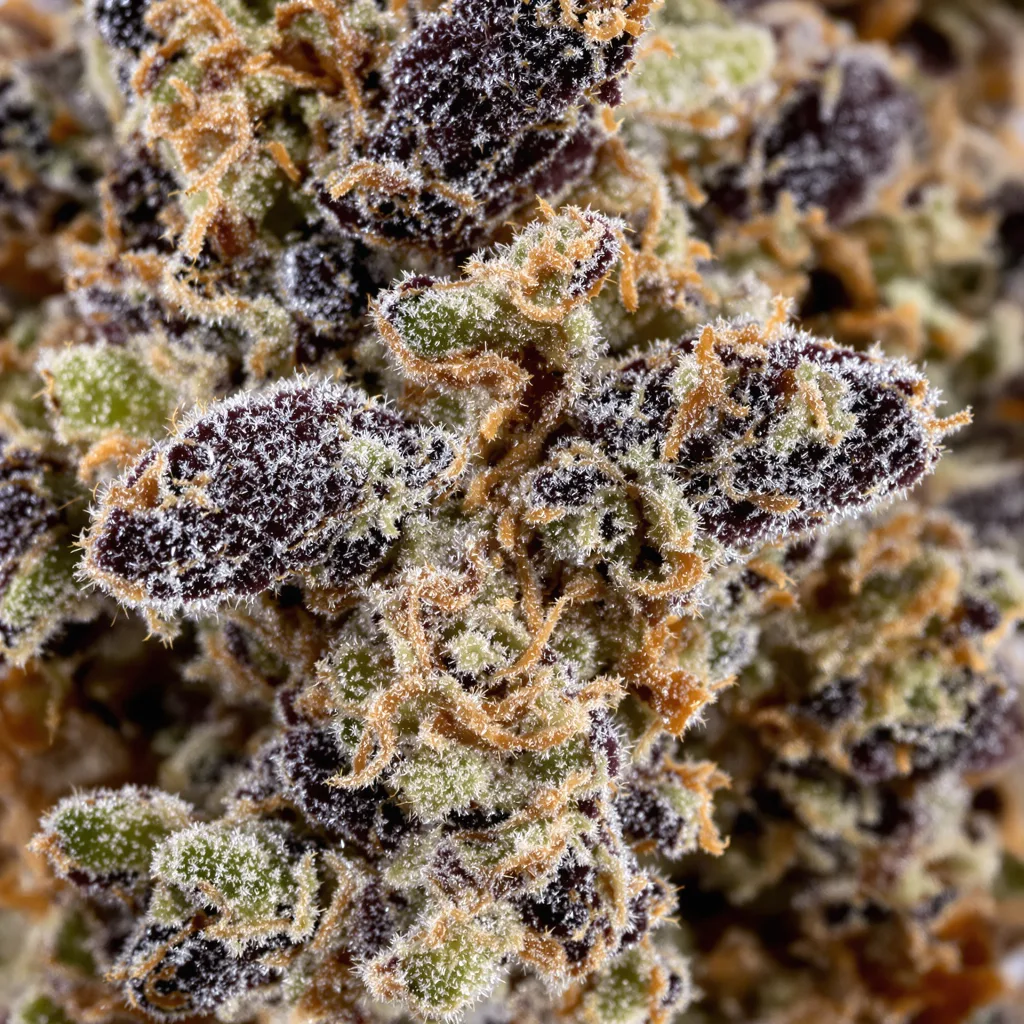 Gros plan de fleur de cannabis Raisinberry montrant calices denses aux reflets violets