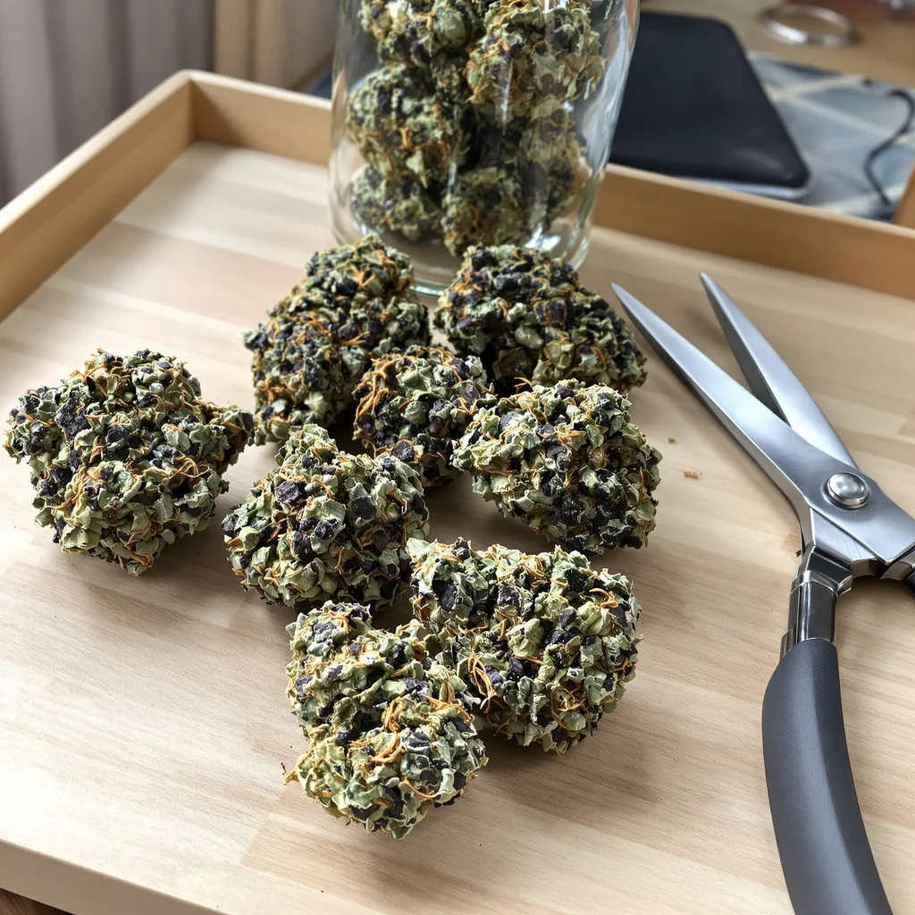 Raisinberry 87% indica / 13% sativa — fleur avec trichomes visibles