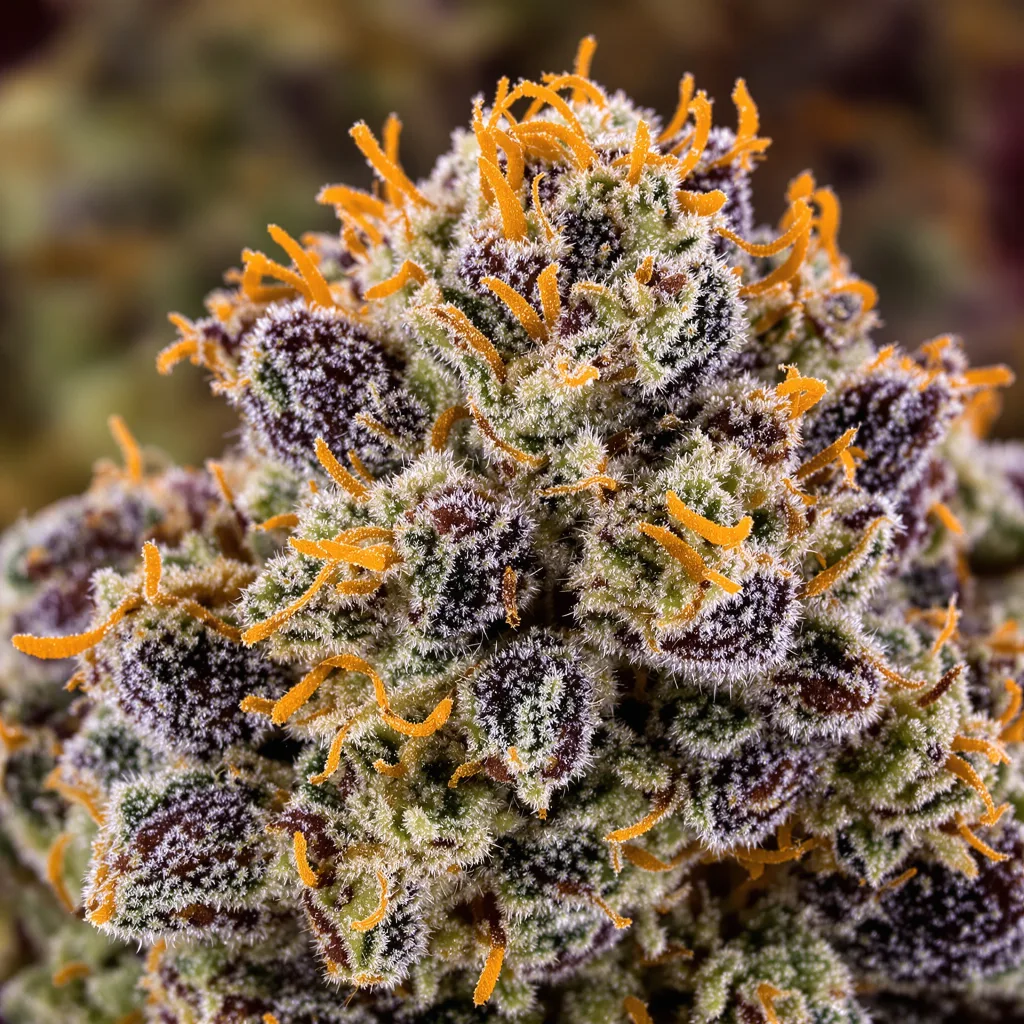 Gros plan de fleur de cannabis Raisinberry montrant calices denses aux reflets violets